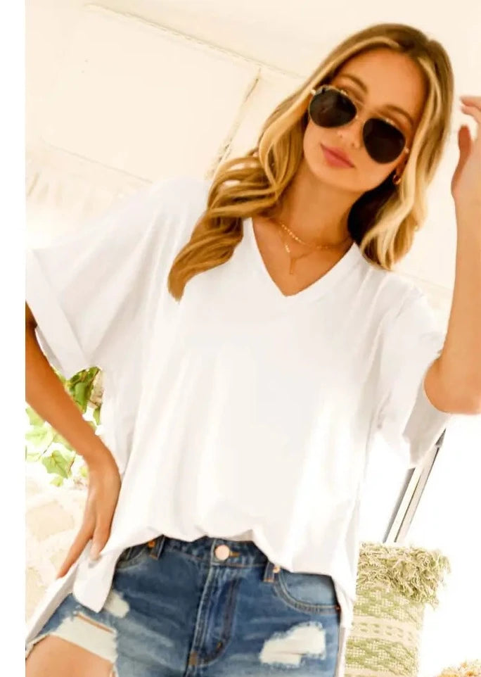 White V-Neckline Drop Shoulder Folded Sleeve Knit Top