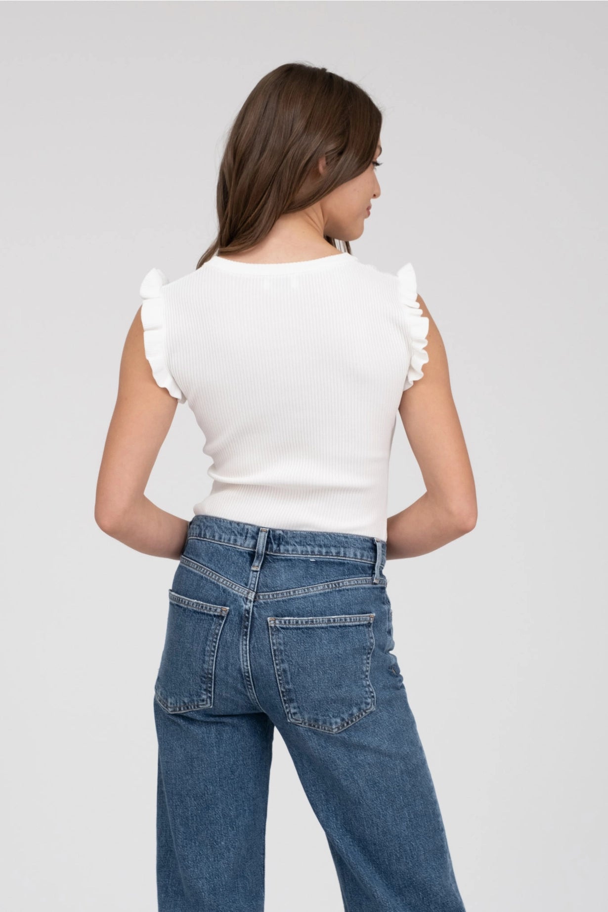 White Ruffle Sleeveless Sweater Knit Top