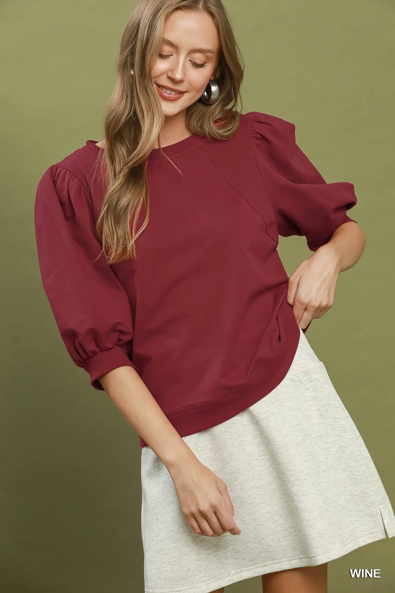 Wine Puff Sleeve Pullover Sweatshirt Top