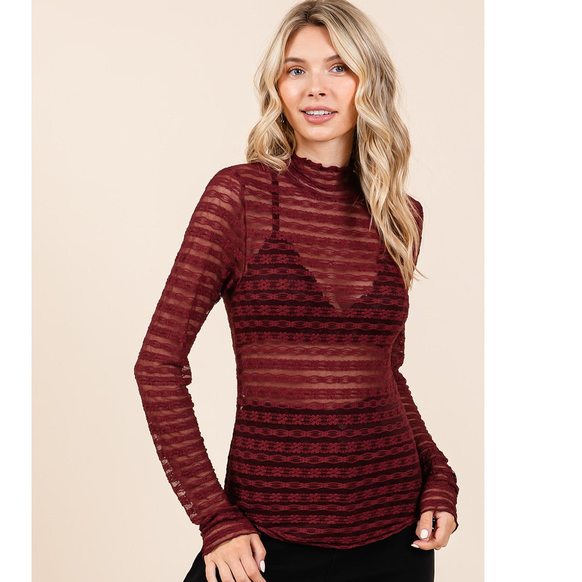Wine Cream Mock Neck Lace Top