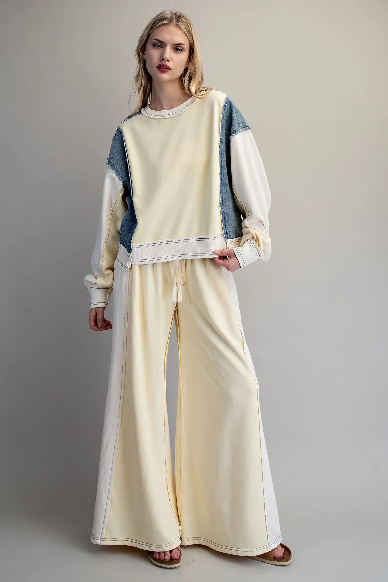 Lemon Color Block Denim Drawstring Pants