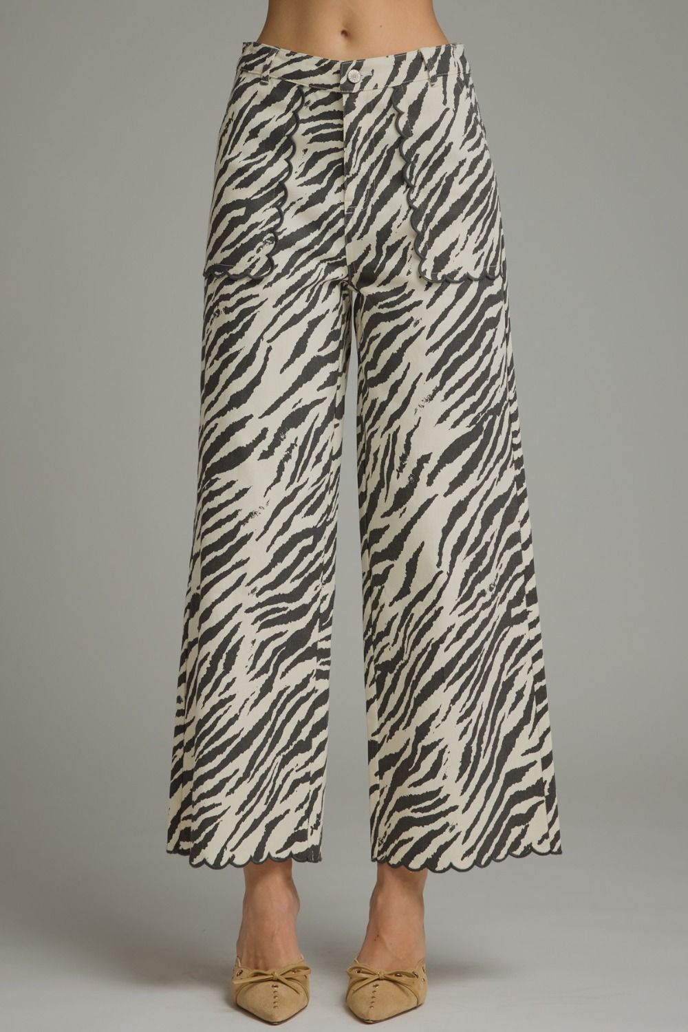 Zebra Print wide leg scallop trim pant