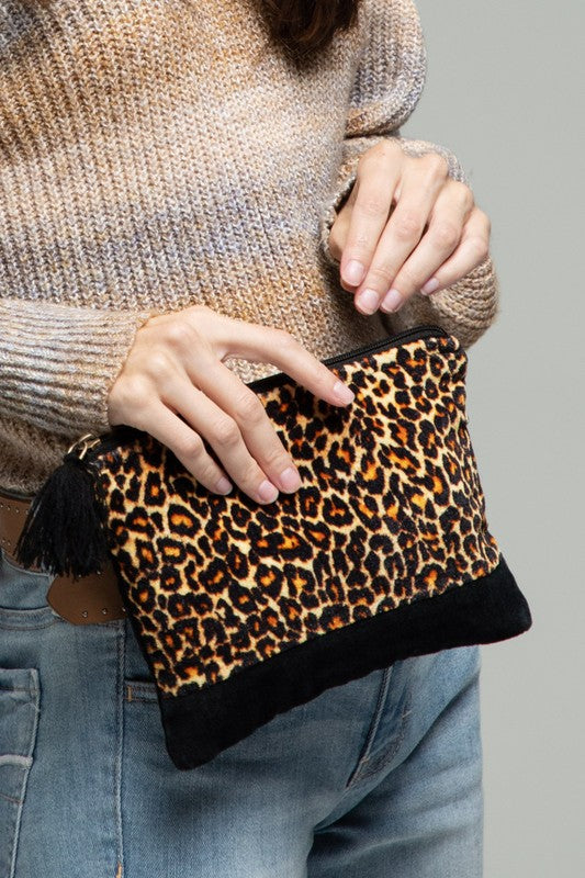 Velvet leopard print pouch